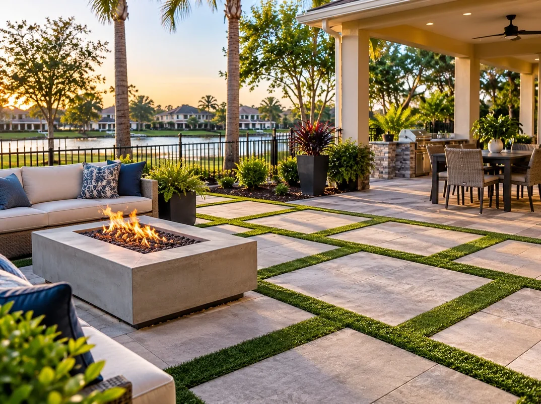 Low-maintenance Sanford patio featuring artificial turf inlays between large stone pavers.