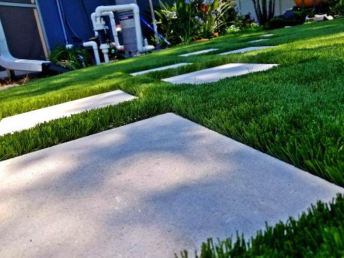 Artificial grass around walkway stones