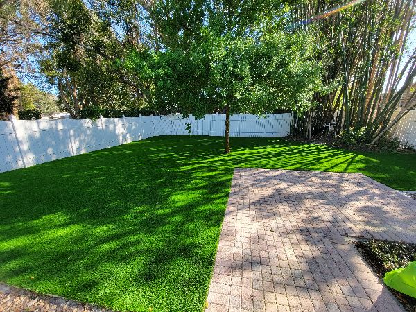 Backyard artificial turf grass lawn